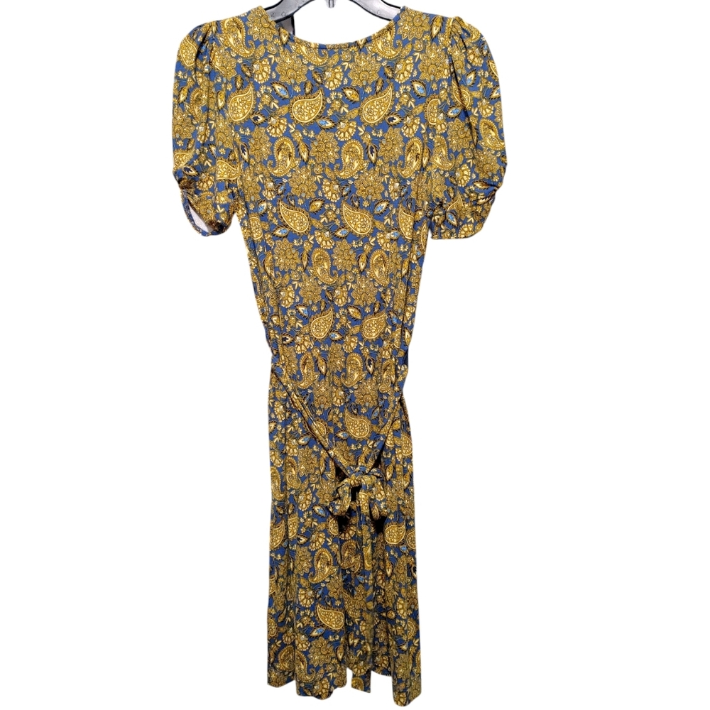 Boden Blue Mustard Yellow Paisley Belted Poof Sleeve Mini Dress Women's Size 4 - Picture 7 of 13